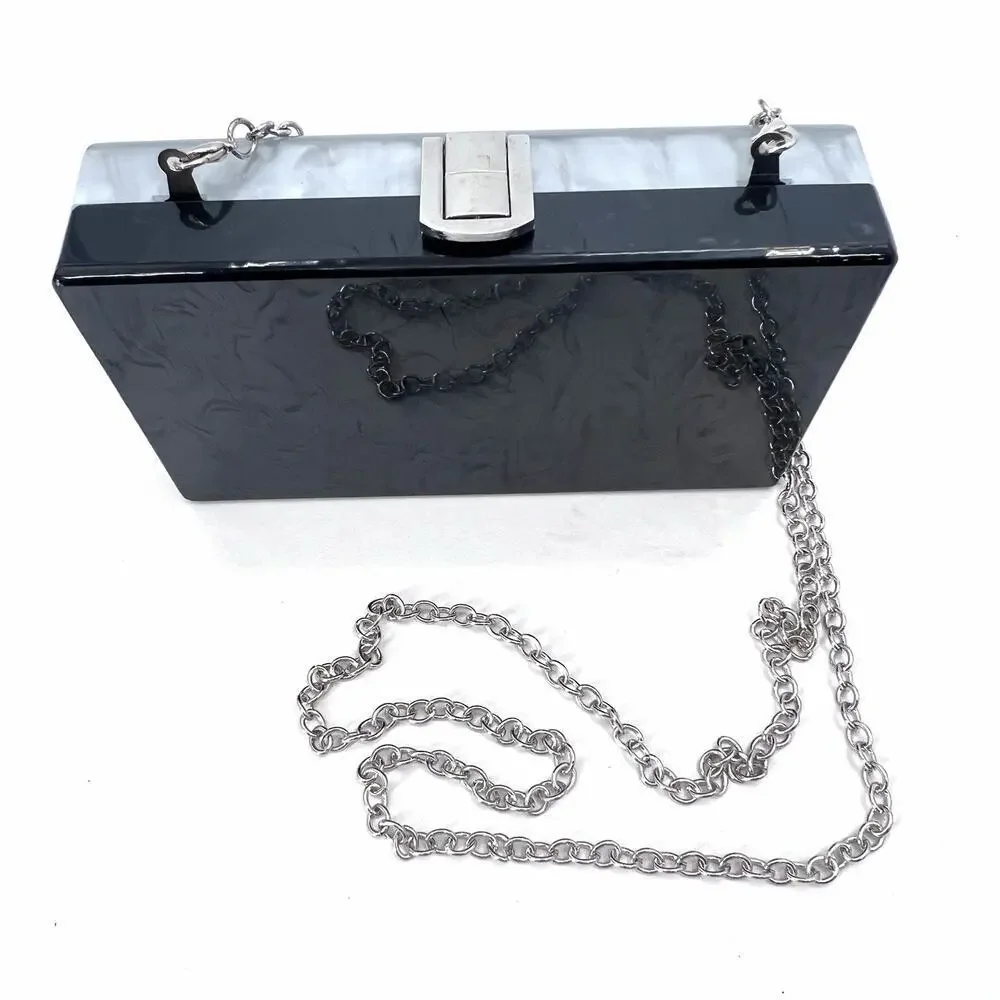 Kate Landry Silver & Black Pearly Lucite Box Clutch Cross Body Evening Handbag